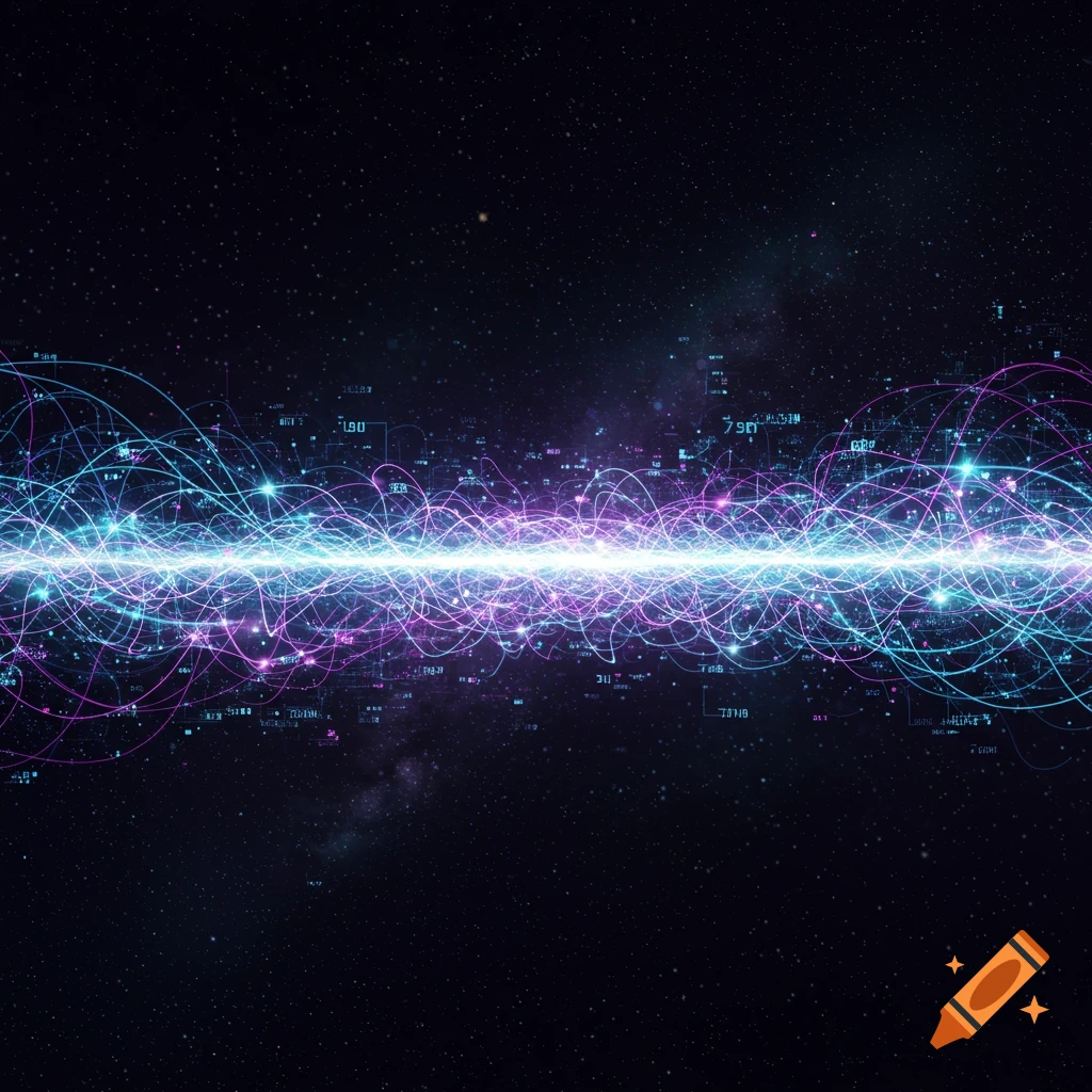 Glowing blue and purple light streams with data points flow across a dark, star-filled space.