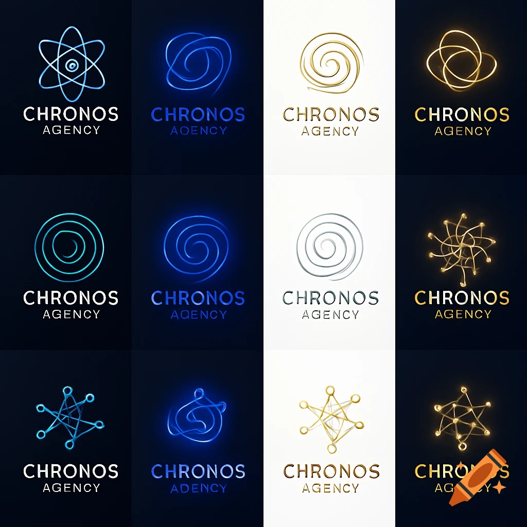 Grid of 12 abstract, futuristic logos for Chronos Agency, featuring atom, spiral, and fractal designs in blue and gold on dark and light backgrounds.
