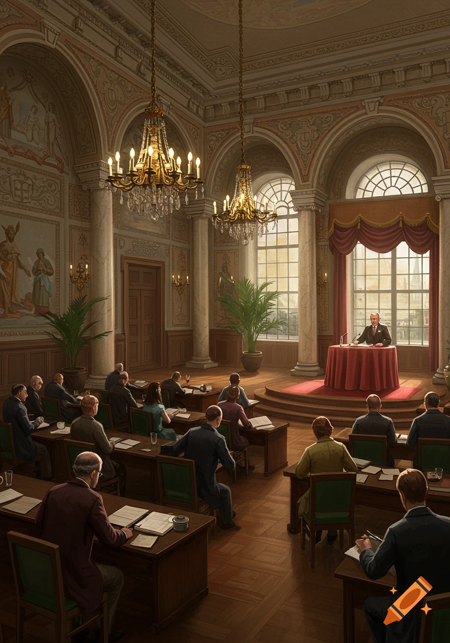 A formal meeting in a grand, ornate hall with a speaker at a podium addressing an audience, rendered in a realistic style.