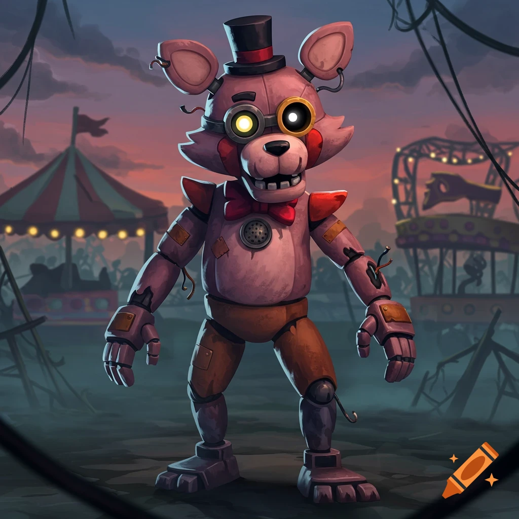A worn pink animatronic character with a top hat and goggles stands in an abandoned carnival at dusk, in a stylized digital art style.
