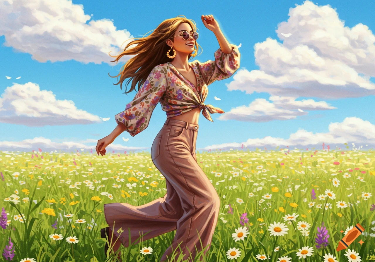 Vibrant illustration of a woman in sunglasses and a floral blouse running joyfully through a sunlit field of wildflowers under a blue sky.