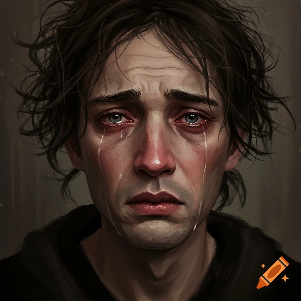 A close-up digital painting of a disheveled person with dark hair crying, with tears streaming down their face, looking sad.