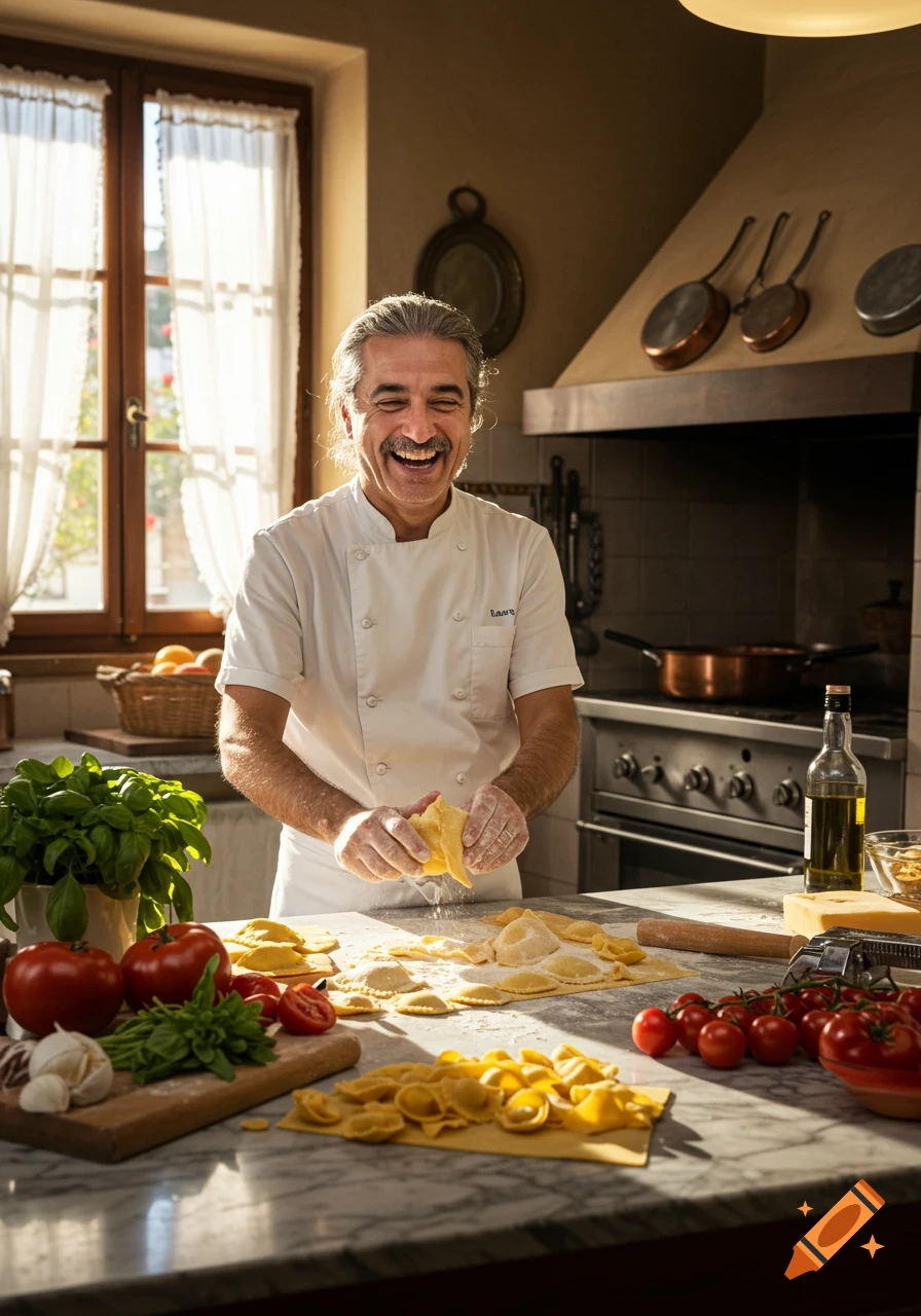 A smiling chef with gray hair and a mustache works on fresh pasta, including ravioli and orecchiette, in a sunlit rustic kitchen.