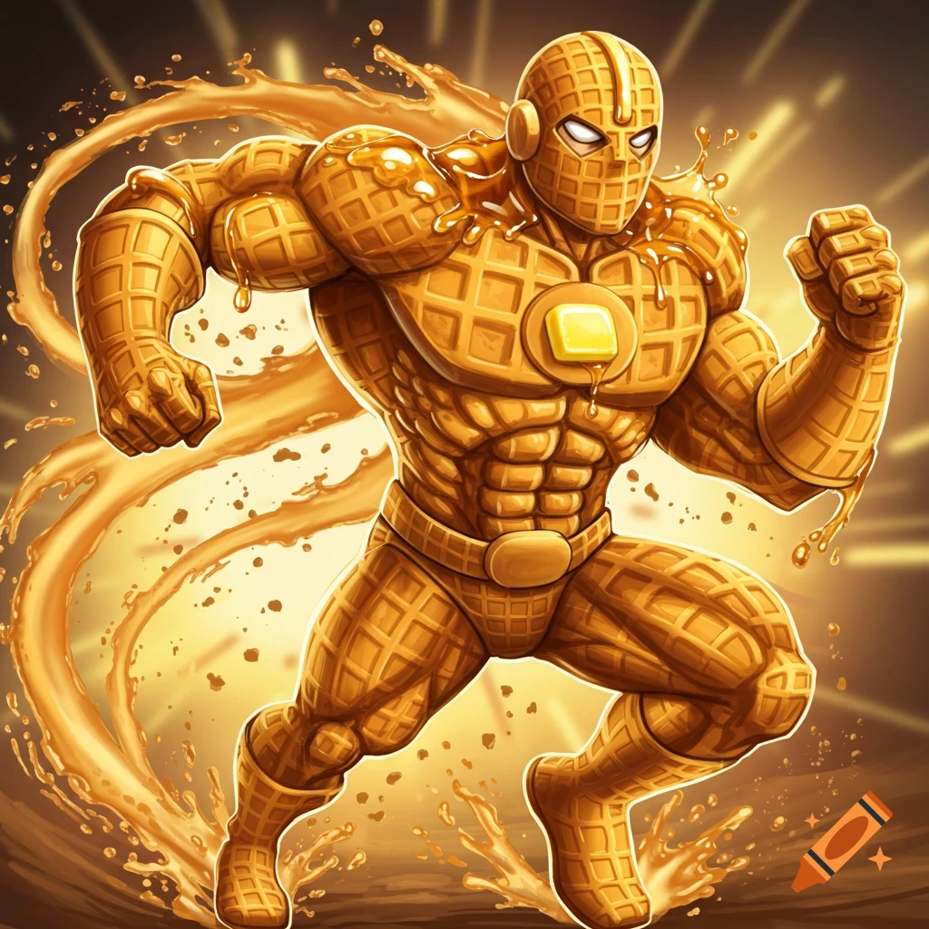A muscular superhero made of golden waffle texture and syrup, with a butter pat emblem, running in a dynamic, comic book style.