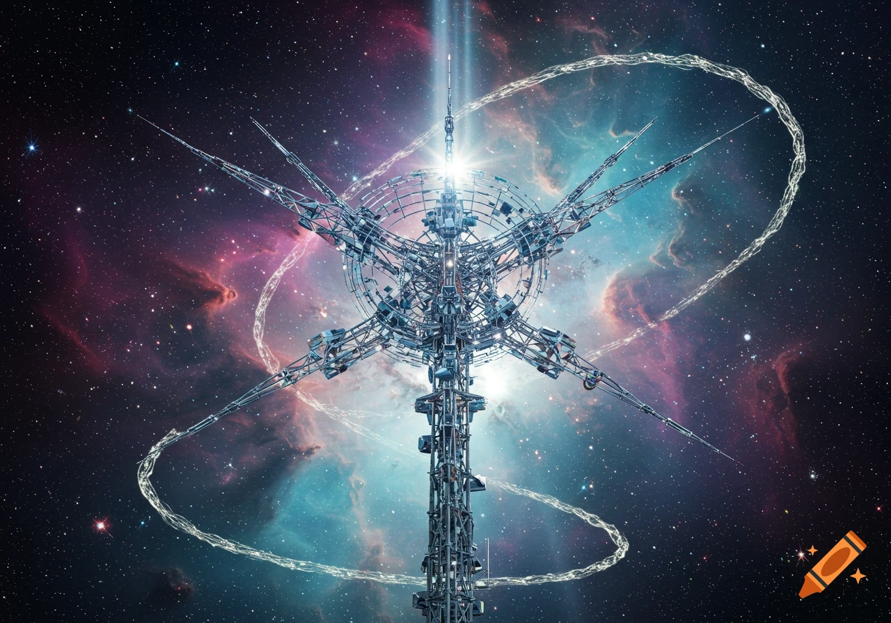 Intricate futuristic space station with glowing core against a vibrant nebula and starry sky.