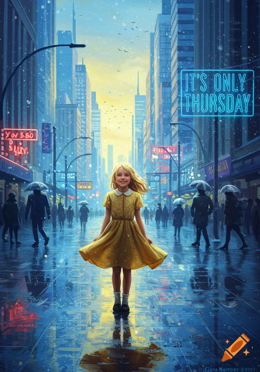 A blonde girl in a yellow dress stands smiling in the middle of a rainy city street with tall buildings and neon signs, one reading "IT'S ONLY THURSDAY".