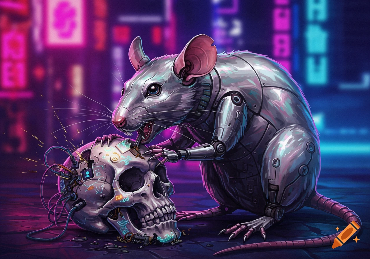 A cybernetic rat with metallic fur gnaws on a glowing, wired cyberpunk skull in a neon-lit city, in an illustrative style.