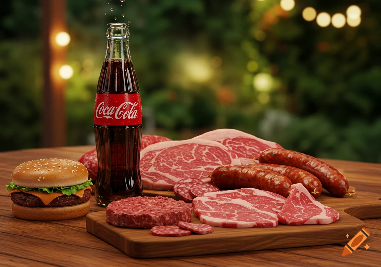A photorealistic still life of a Coca-Cola bottle, a hamburger, sausages, and raw meat cuts on a wooden table, with blurred outdoor lights in the background.