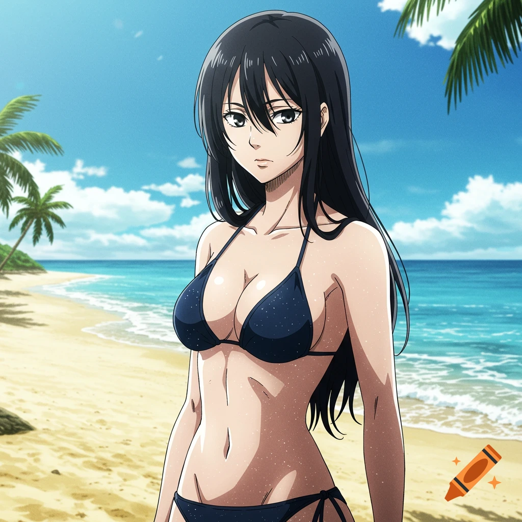An anime woman with long black hair, resembling Mikasa Ackerman, stands on a sandy beach wearing a dark blue bikini, under a sunny sky.