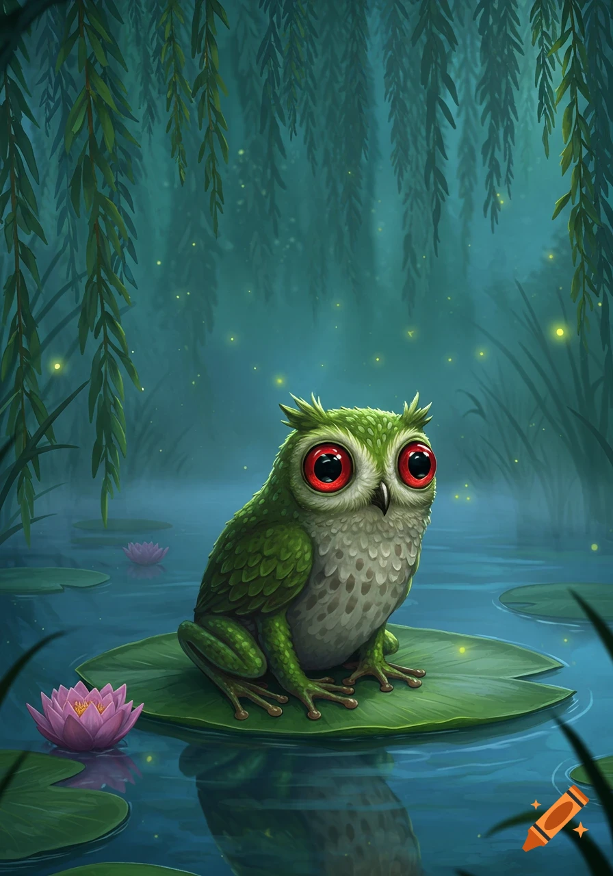 A cute, green and white owl-frog hybrid with big red eyes sits on a lily pad in a dark, misty swamp with willow trees and glowing fireflies, digital art.