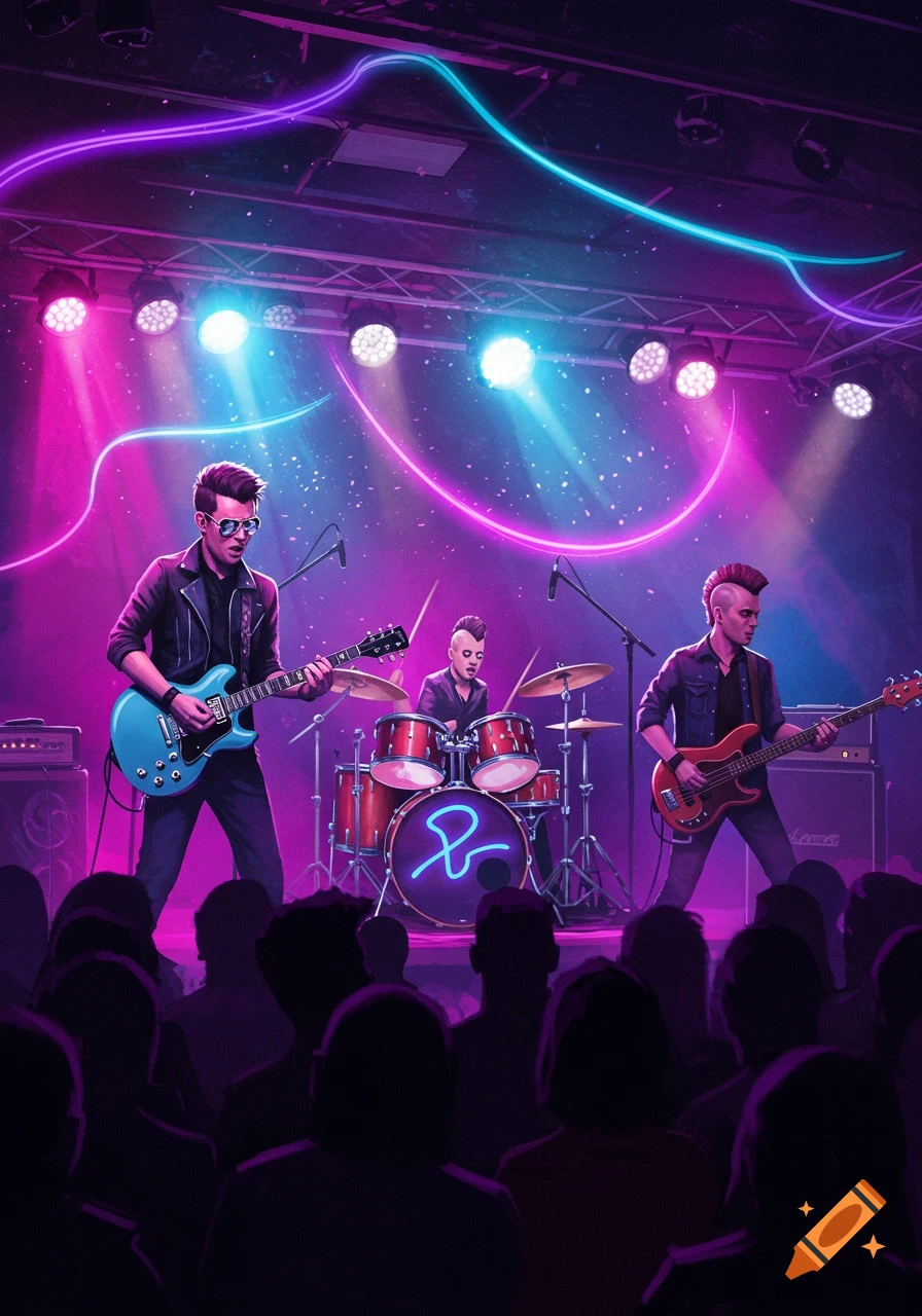 A live band performs on a dark stage illuminated by vibrant pink and blue neon lights, viewed from the audience.