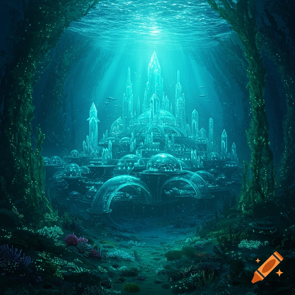 A vibrant, glowing futuristic city made of crystal-like structures, nestled deep underwater with rays of light.