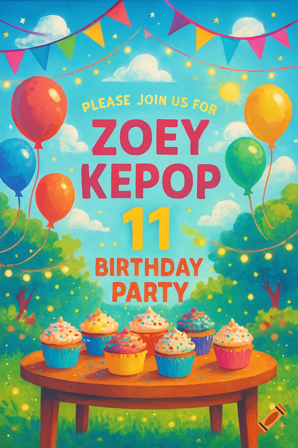 A vibrant illustration of a birthday party invitation with colorful balloons, bunting, cupcakes on a wooden table, and text 'Zoey Kepop 11 Birthday Party' under a bright blue sky.