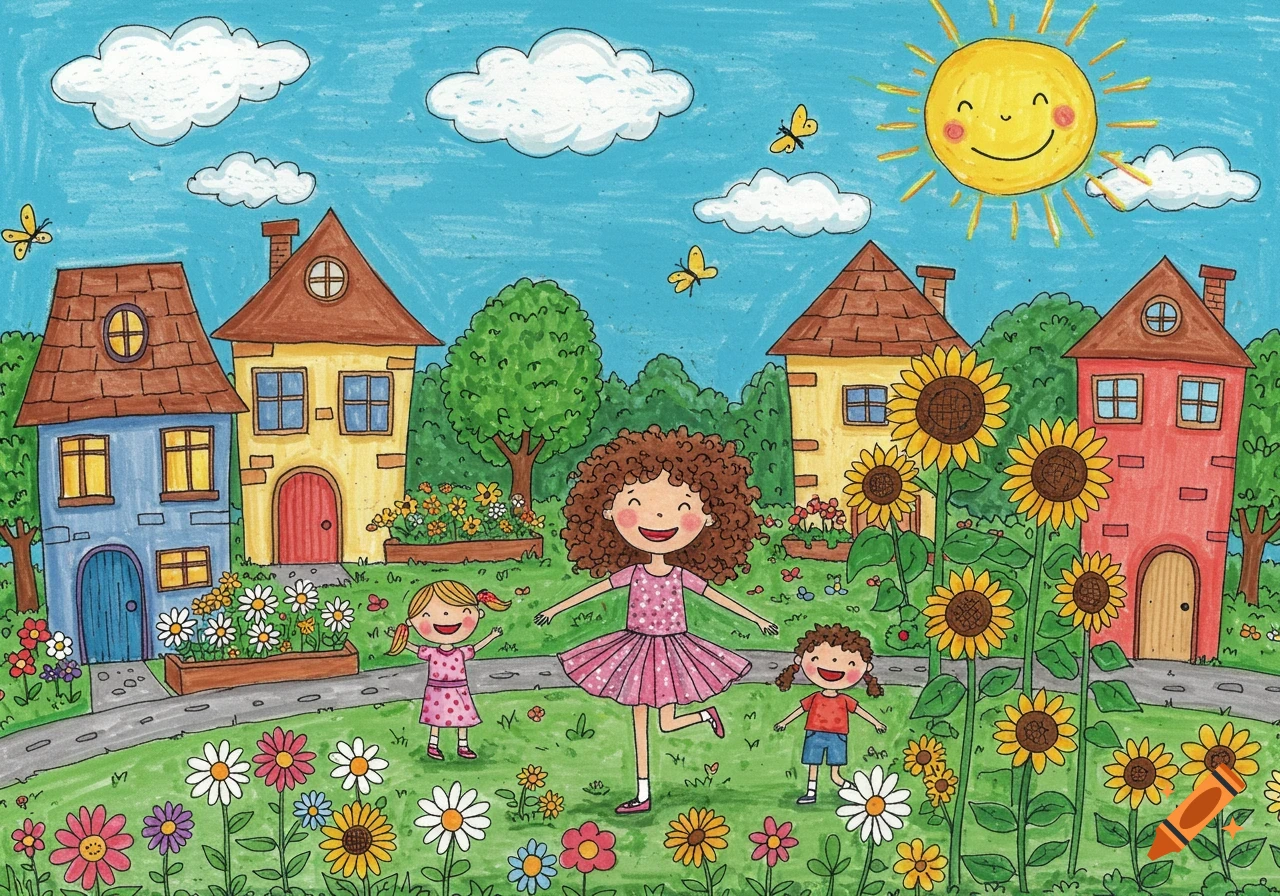 Crayon drawing of three happy girls playing in a colorful village with houses, flowers, and a smiling sun.