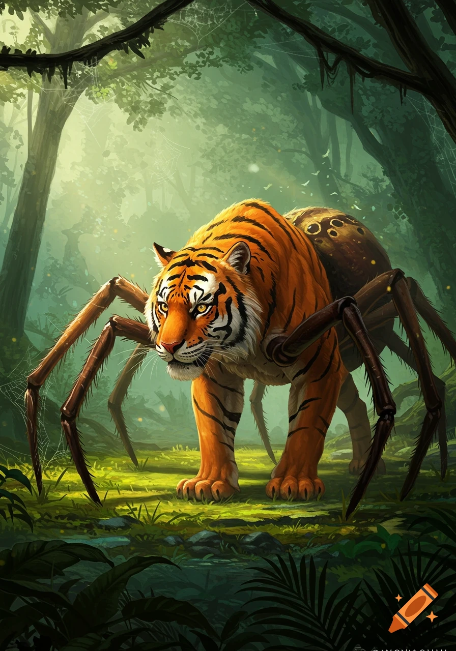 A vivid illustration of a tiger-spider hybrid creature with eight legs and a spider's abdomen, in a lush, luminous jungle.