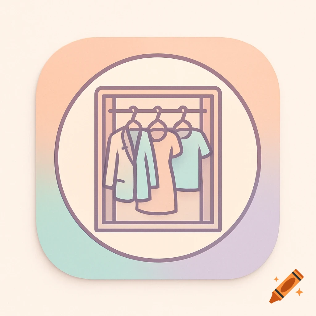 A stylized app logo icon featuring a closet with three items of clothing on hangers, rendered in pastel colors, set on a rounded gradient background.