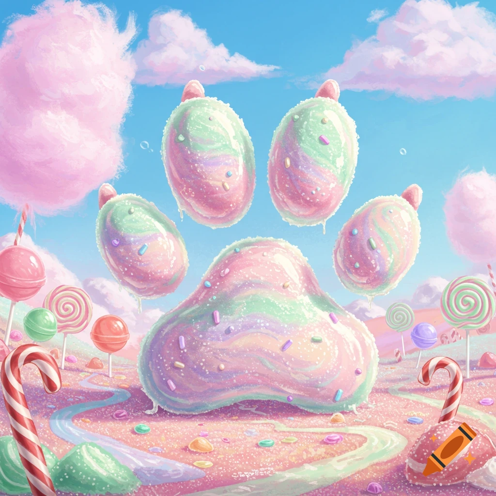 A giant pastel candy paw in a whimsical landscape of lollipops, candy canes, and cotton candy clouds.
