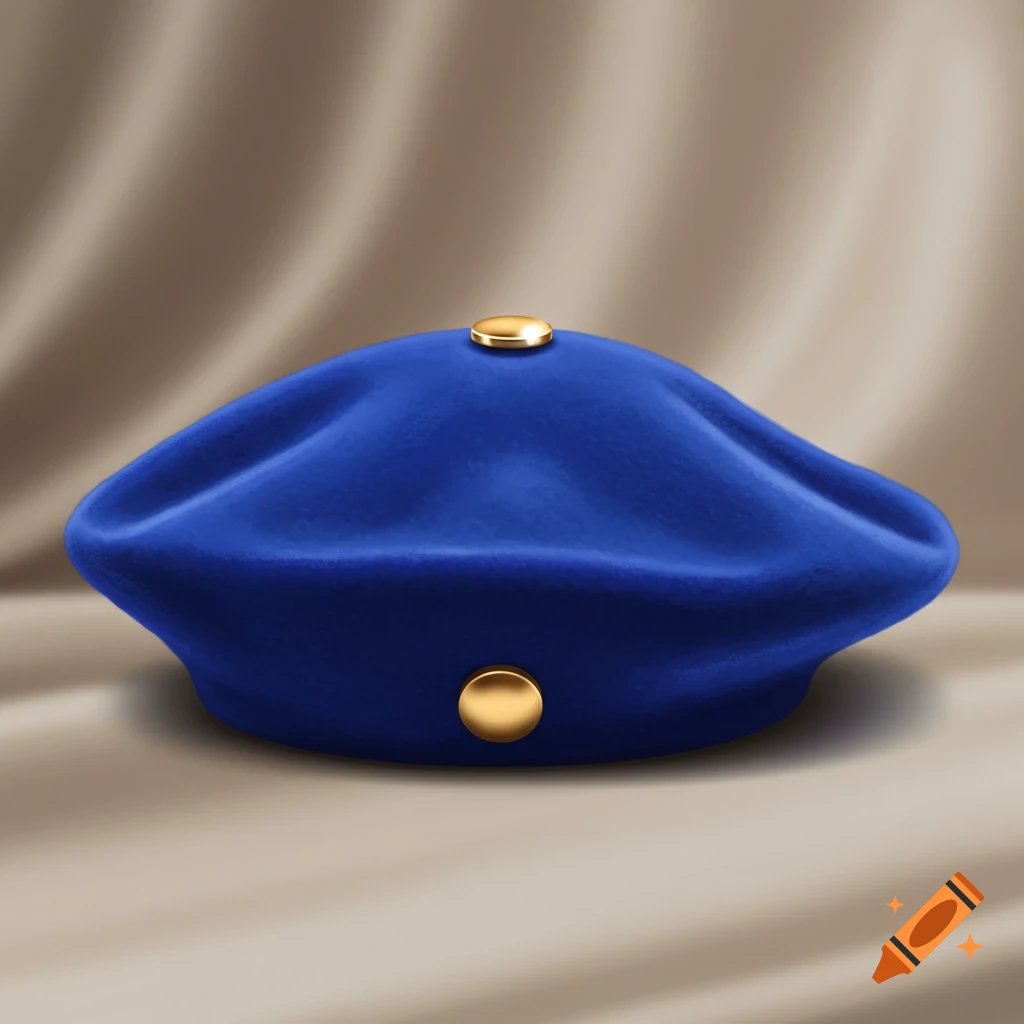 A vivid blue velvet beret adorned with two golden flat buttons, resting on a draped beige fabric background.