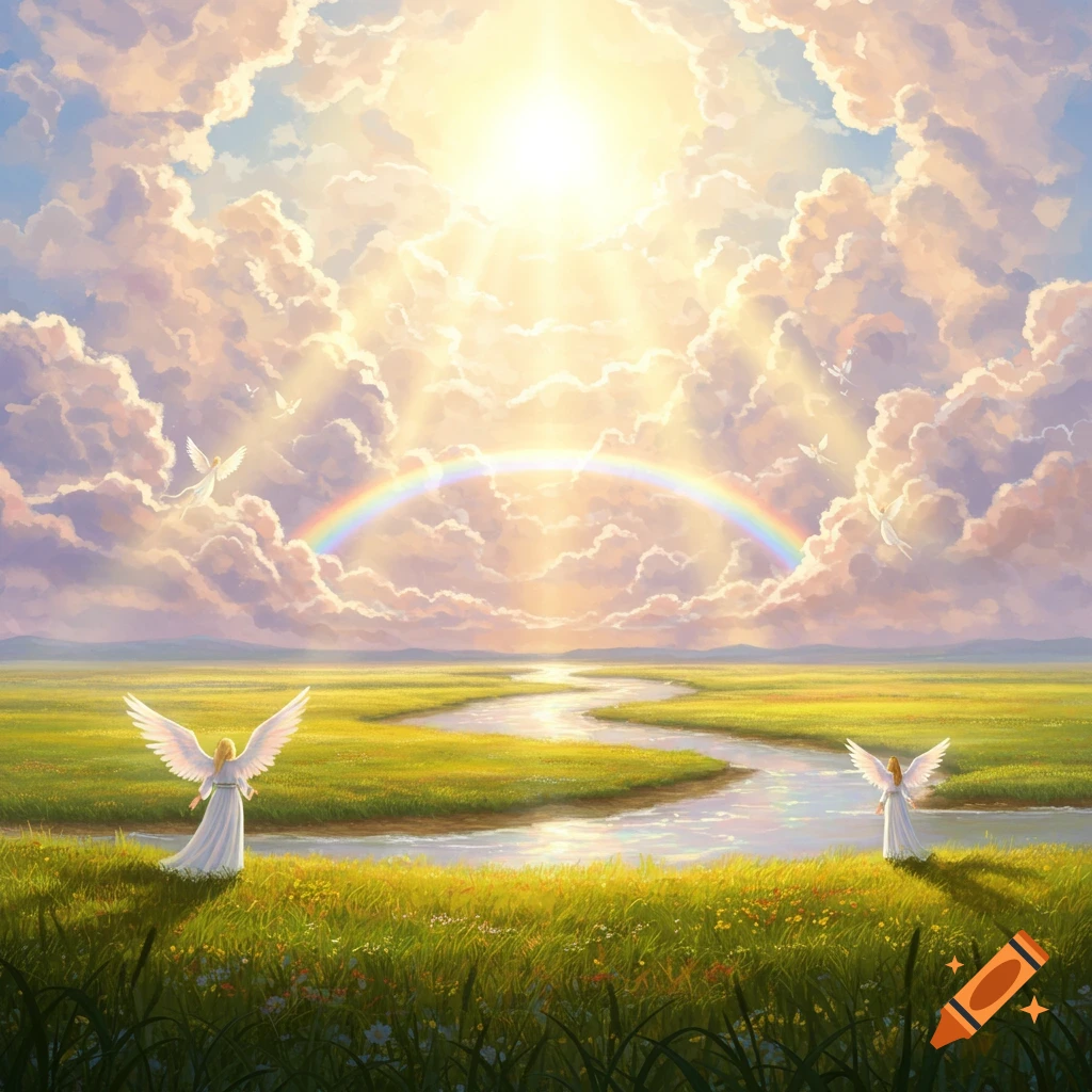 Heavenly landscape with angels, a rainbow, and a river winding through a green field under bright sunlit clouds.