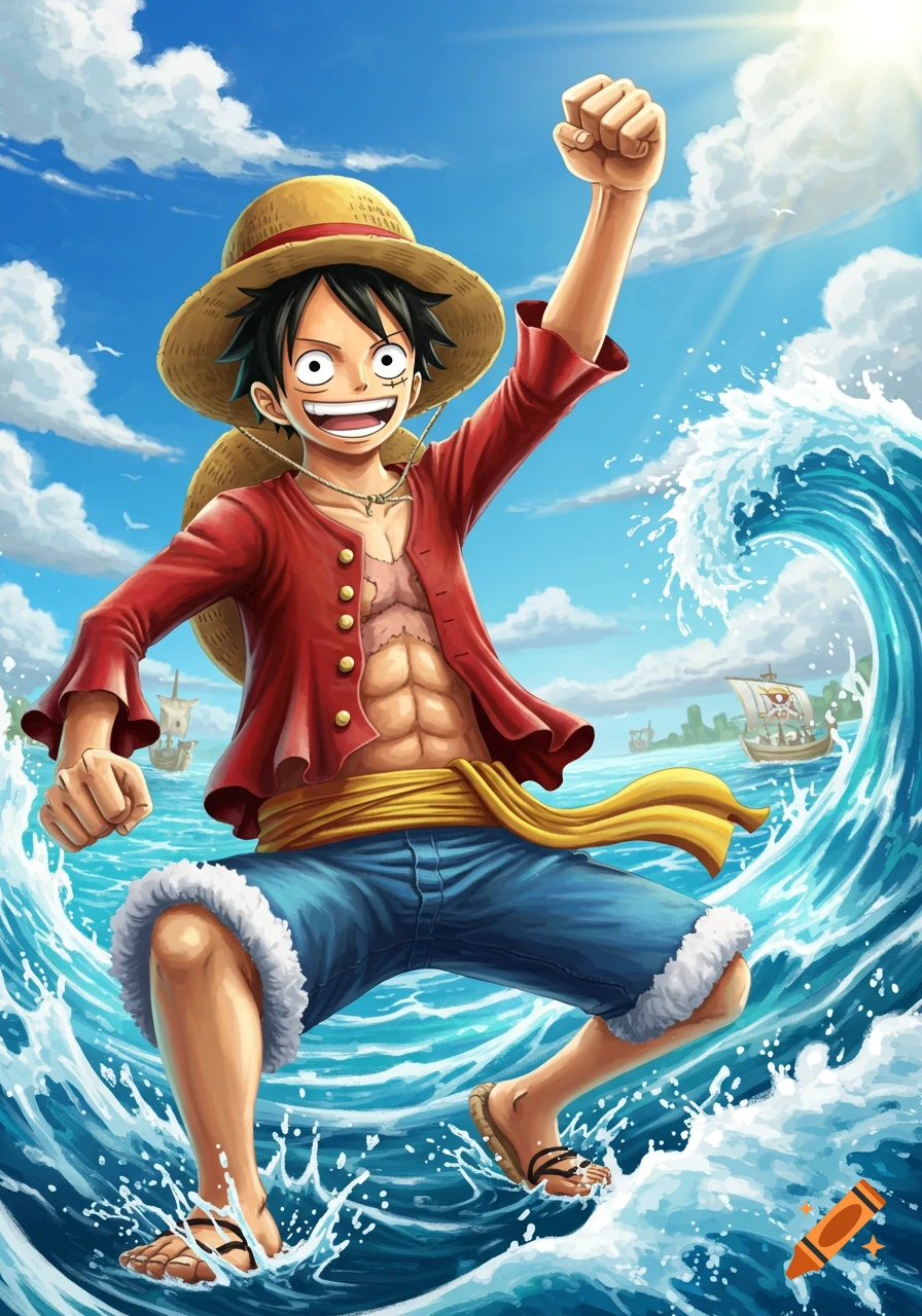 Luffy from One Piece leaping across a wavy blue sea with ships in the background under a clear sky, in an anime style.
