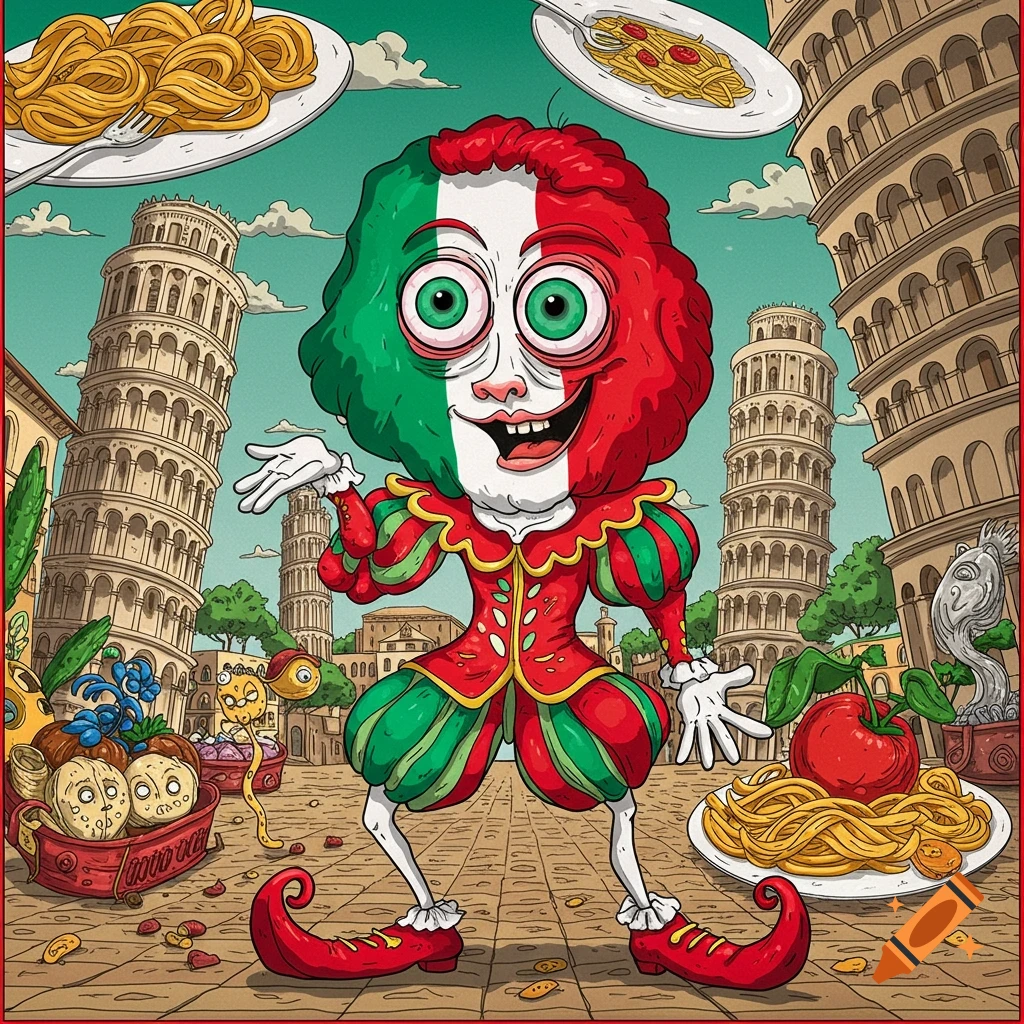 A surreal, cartoon Italian character with flag-colored head and costume, in a piazza with Leaning Towers of Pisa and pasta.
