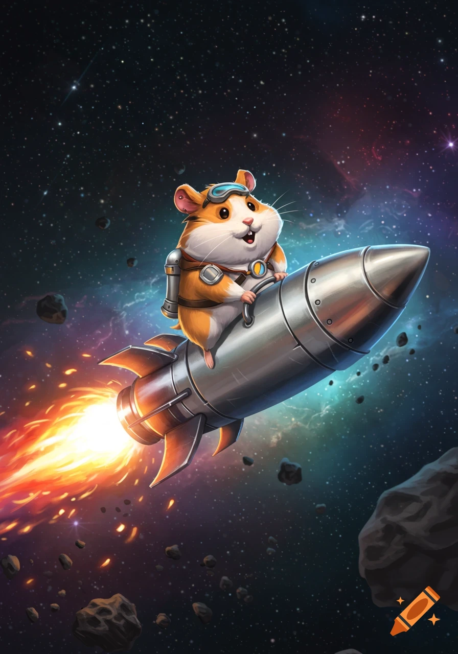 A cute, cartoon hamster with goggles and a backpack rides a silver rocket with a fiery exhaust through a star-filled galaxy.