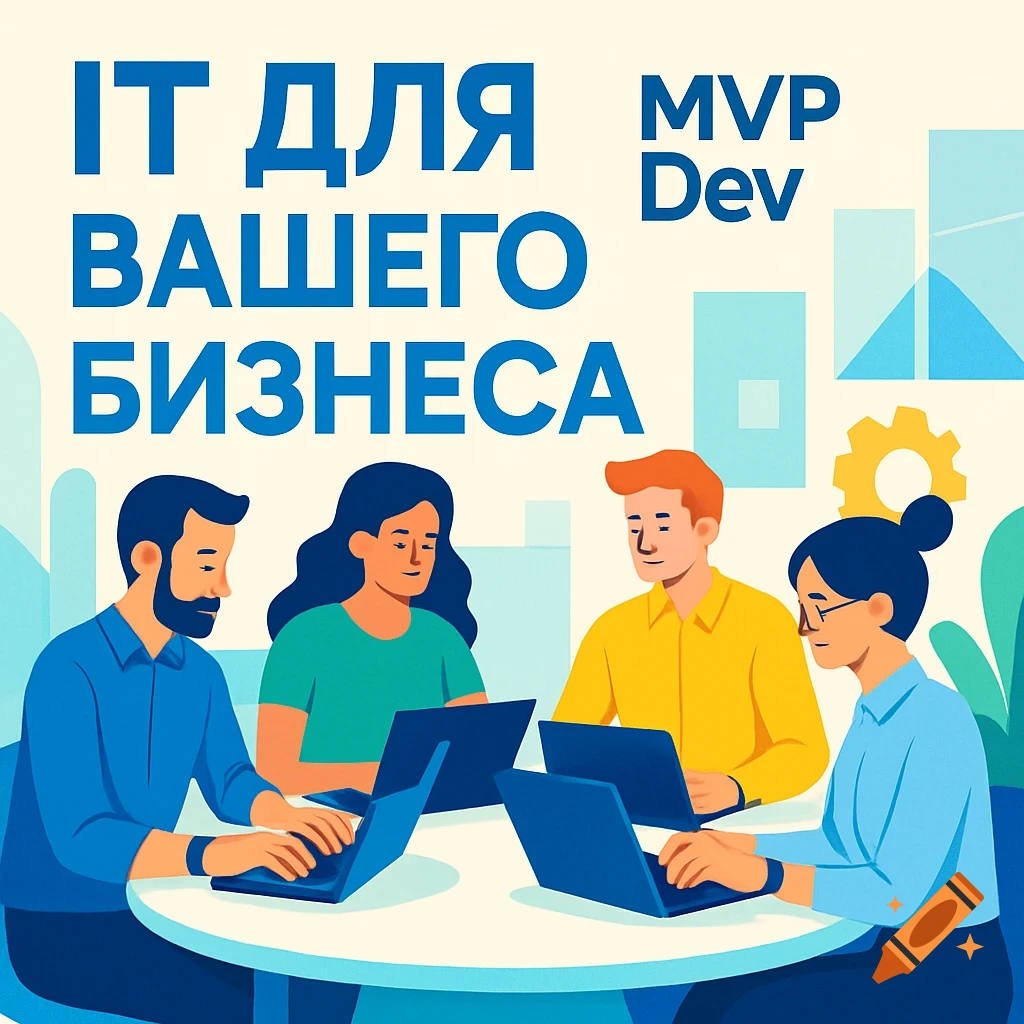 Flat illustration of an IT team working on laptops at a round table, with text 'IT для вашего бизнеса' and 'MVP Dev' in the background.