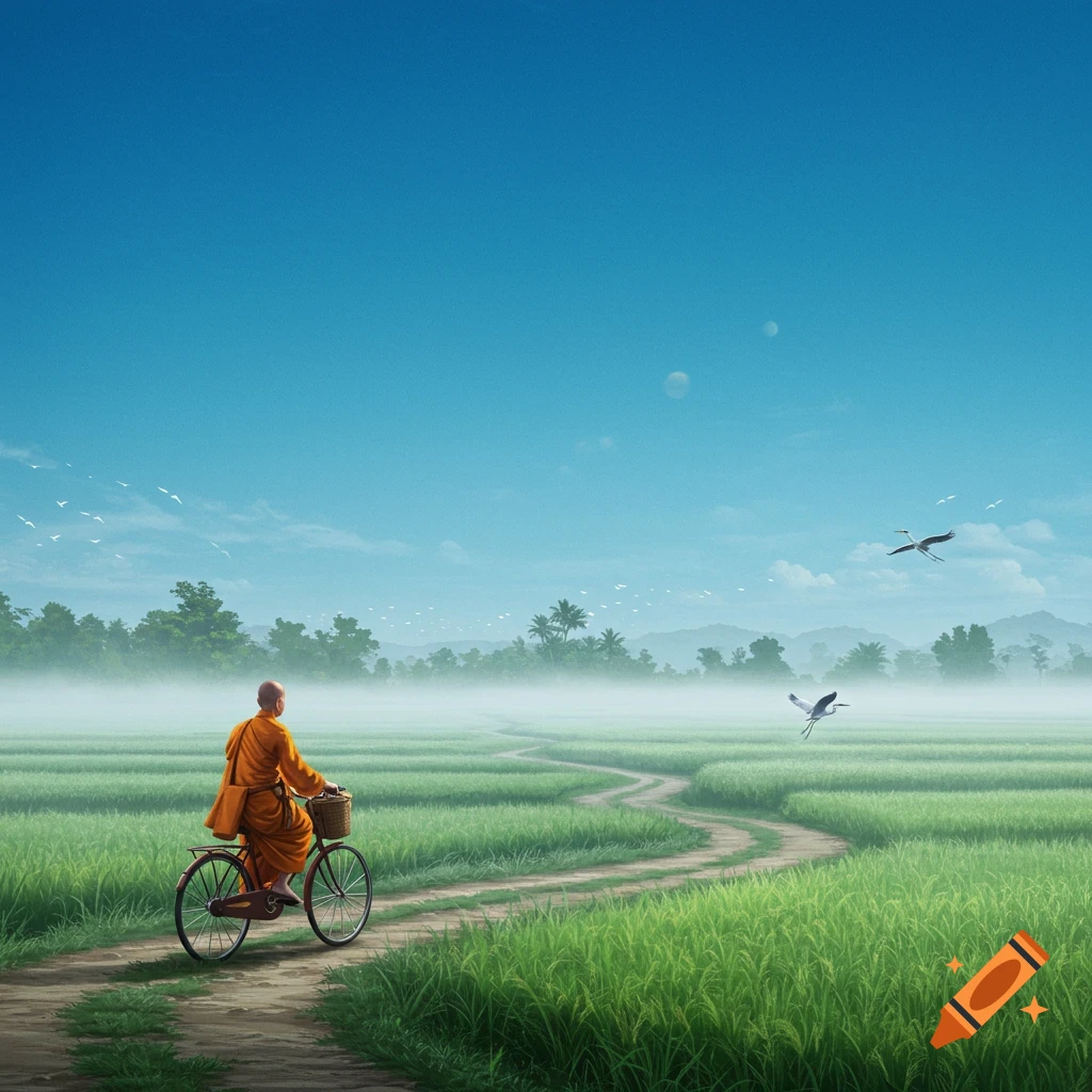 A Buddhist monk in orange robes rides a bicycle on a winding dirt path through misty green rice fields under a clear blue sky.