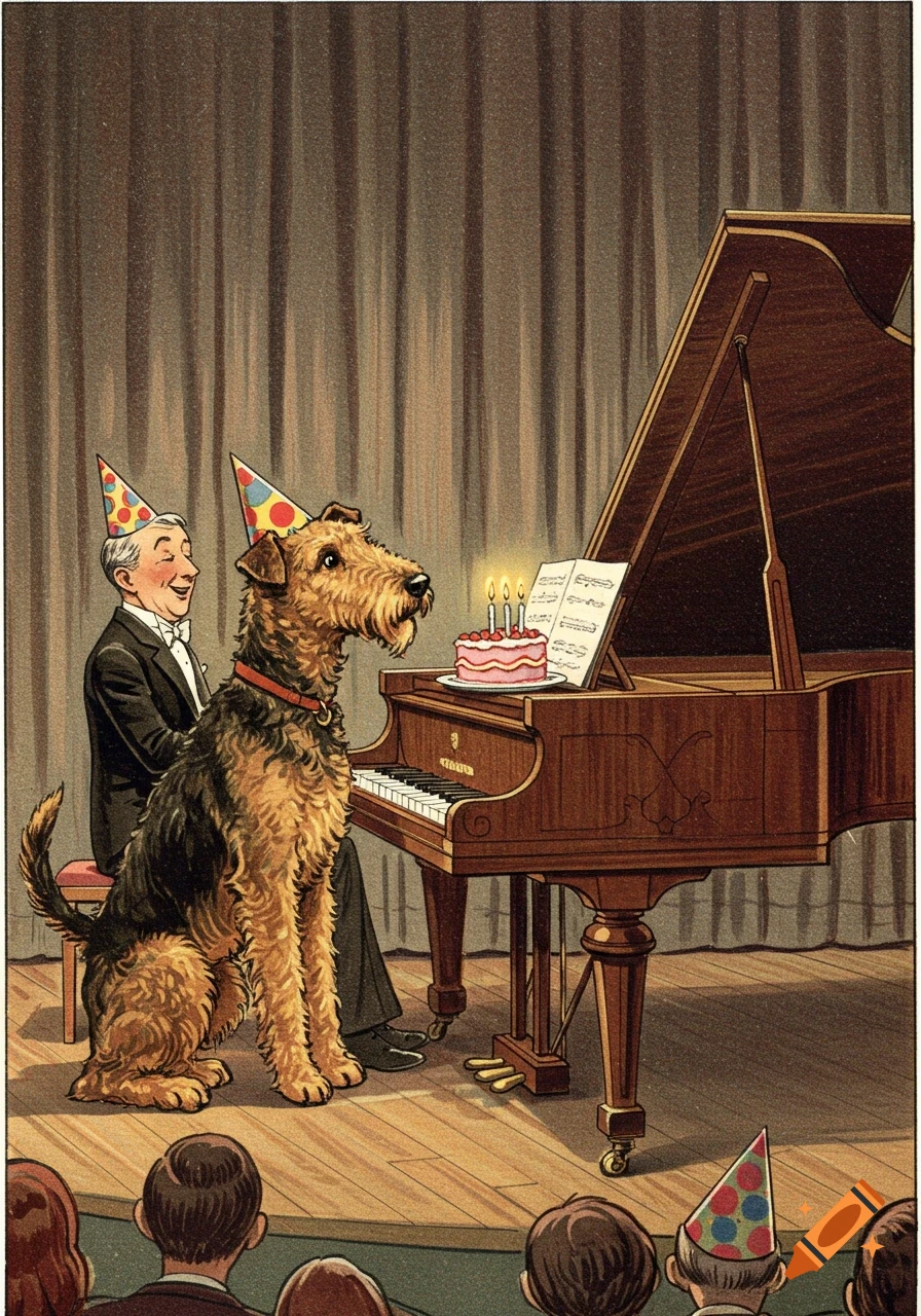 Vintage illustration of a man and an Airedale terrier dog wearing party hats, seated at a grand piano with a birthday cake.