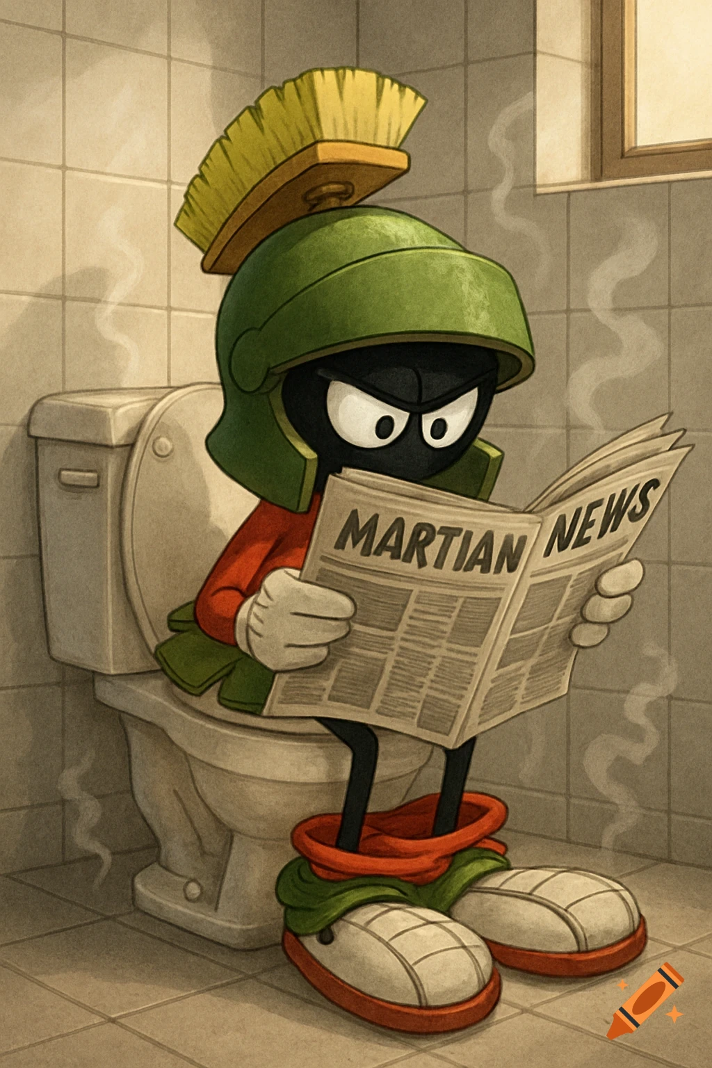Marvin the Martian sits on a toilet with pants around ankles, reading a newspaper titled 'MARTIAN NEWS', in a cartoon style.