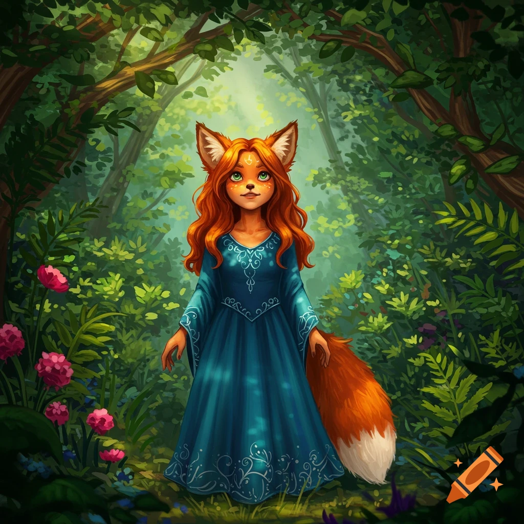 A stylized fox girl with red hair and a blue dress stands in a lush green forest.
