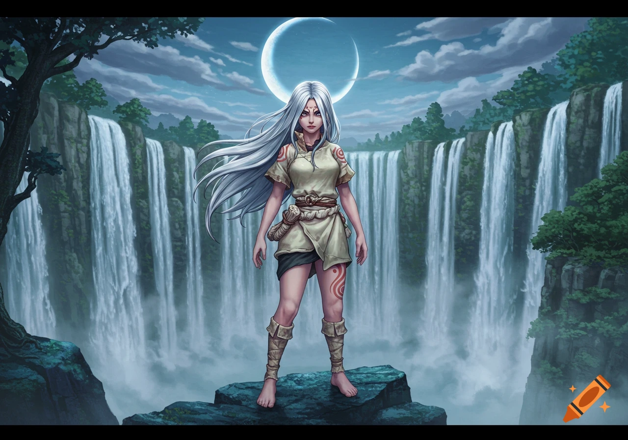 Anime woman with long white hair and tribal markings stands before multiple waterfalls under a crescent moon.