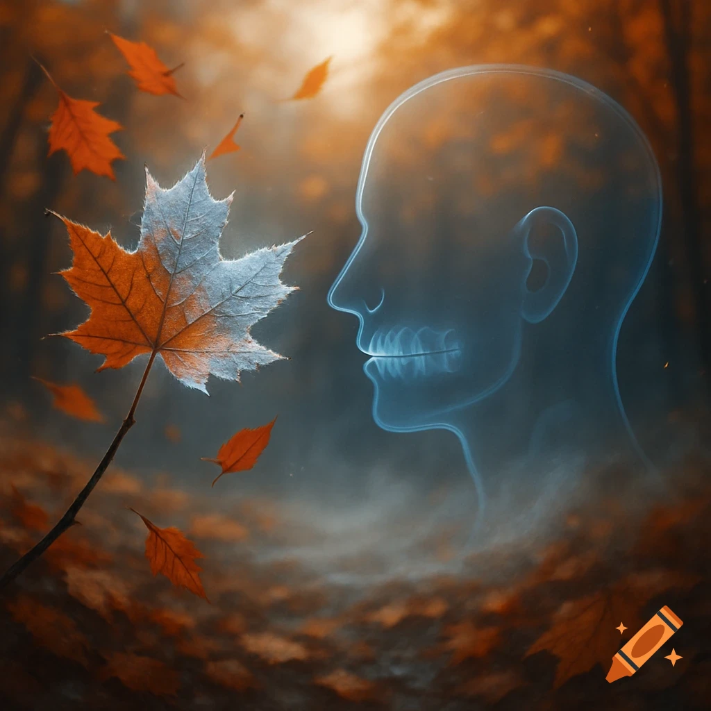 Glowing blue human head silhouette next to a half white, half orange maple leaf in a vibrant autumn forest.