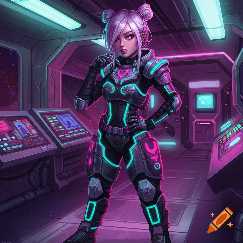 A stylized young woman with purple hair and glowing eyes in a black and neon cybernetic suit stands in a futuristic spaceship cockpit.
