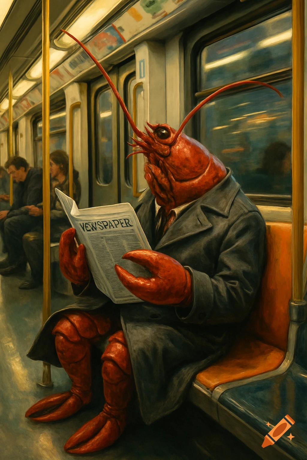A lobster in a trenchcoat sits on a subway, reading a newspaper in a photorealistic painting style.