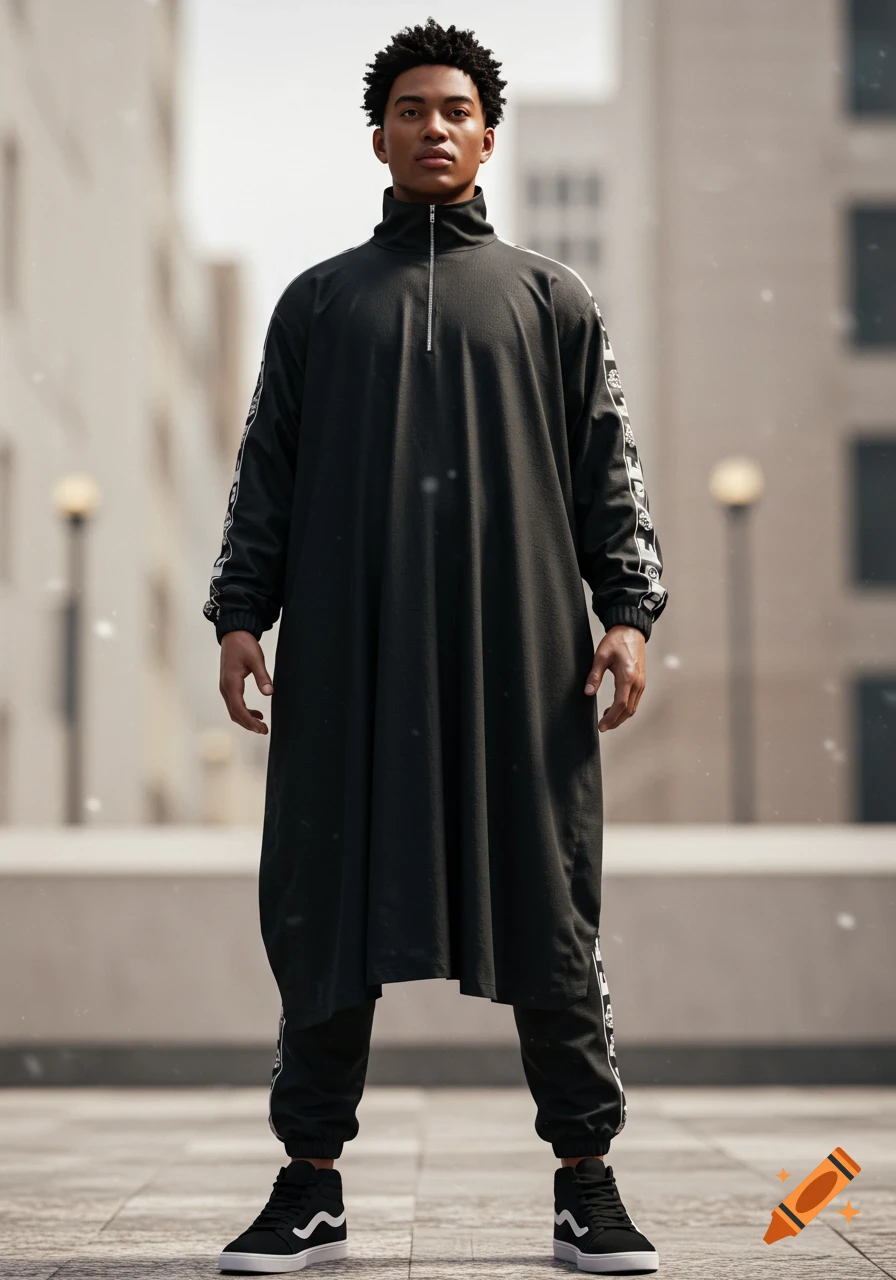 A young man in a long black tracksuit and black high-top sneakers stands looking forward in an outdoor urban setting.