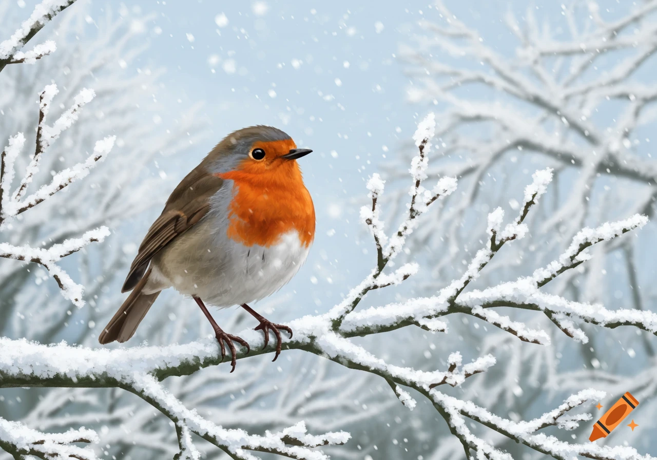 A close-up of a robin with an orange breast perched on a snow-covered branch during a snowfall.