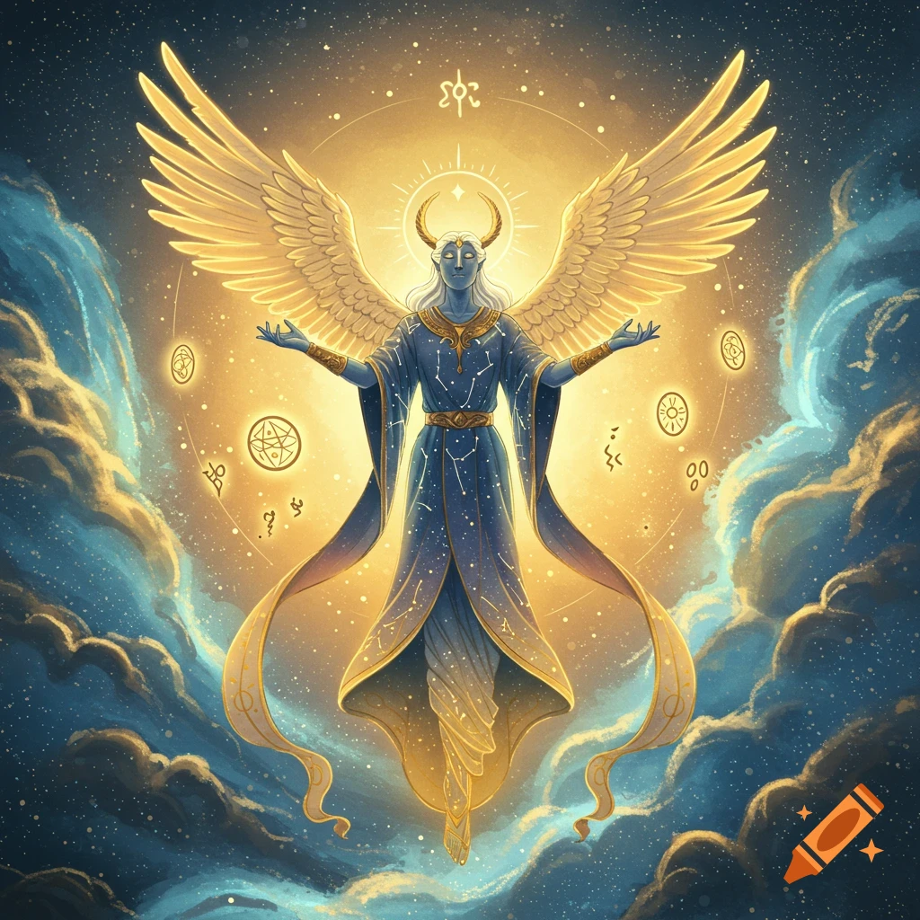 A majestic celestial being with golden wings and horns floats in a starry sky amidst glowing clouds.