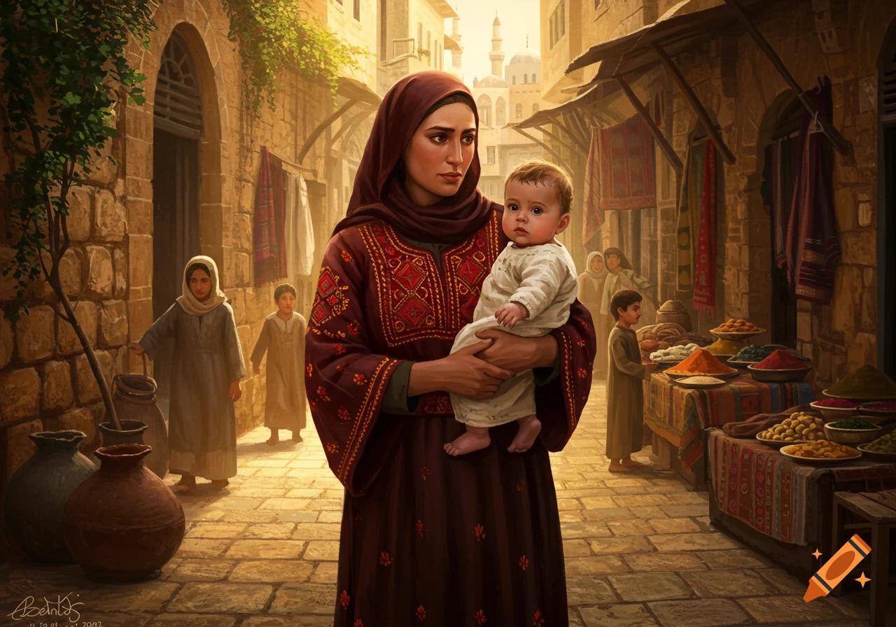 A solemn woman in traditional Palestinian attire holds a baby in a sunlit, bustling Middle Eastern market street with spice stalls.