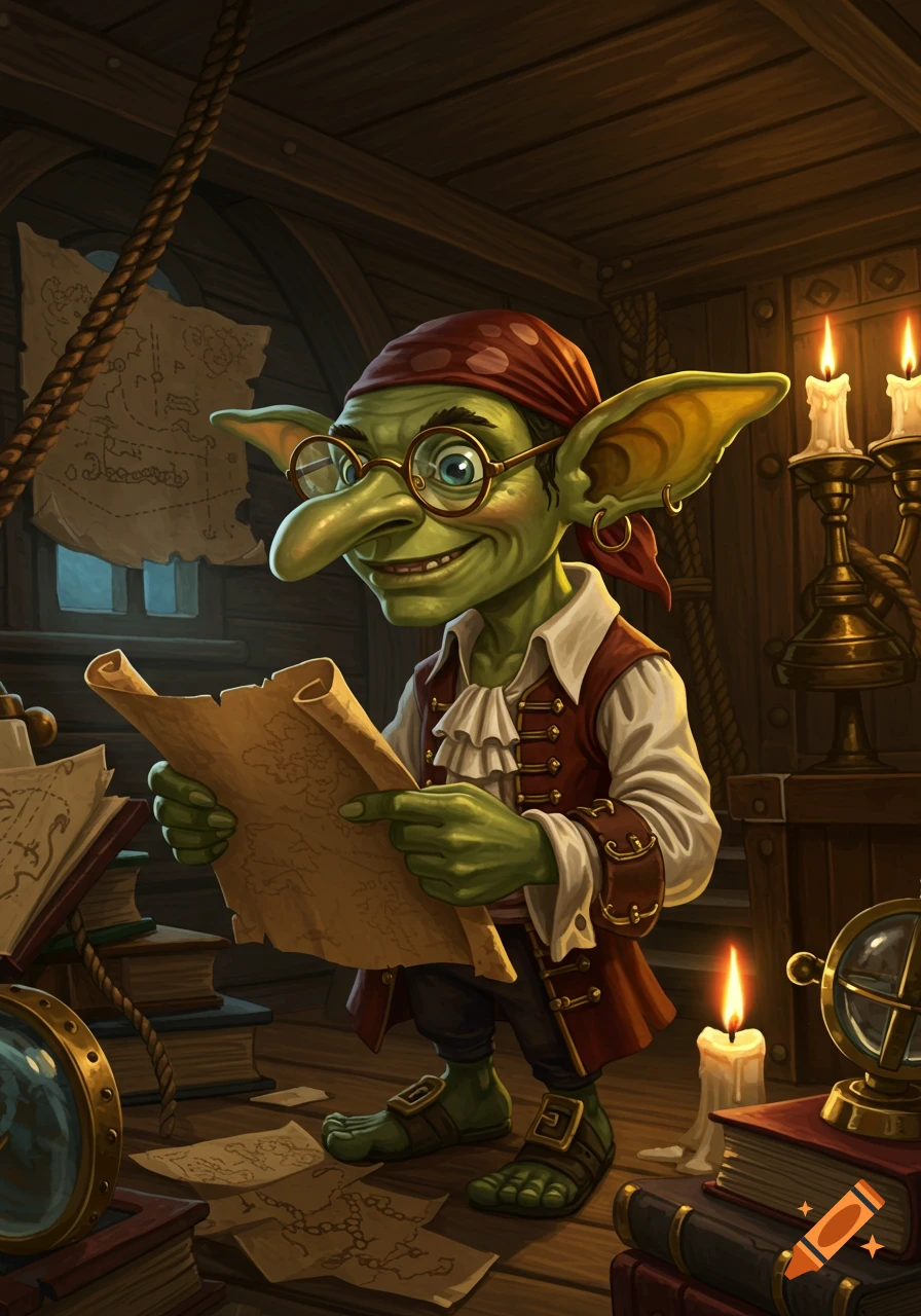 A nerdy green goblin pirate wearing glasses and a bandana studies a treasure map in a candlelit ship's cabin, surrounded by books.