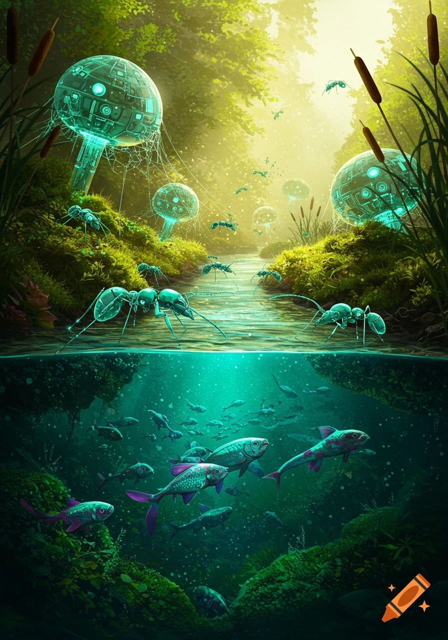 Vibrant, fantastical split-view: artificial metallic ants and glowing mushroom structures above a stream; colorful fish swim below.