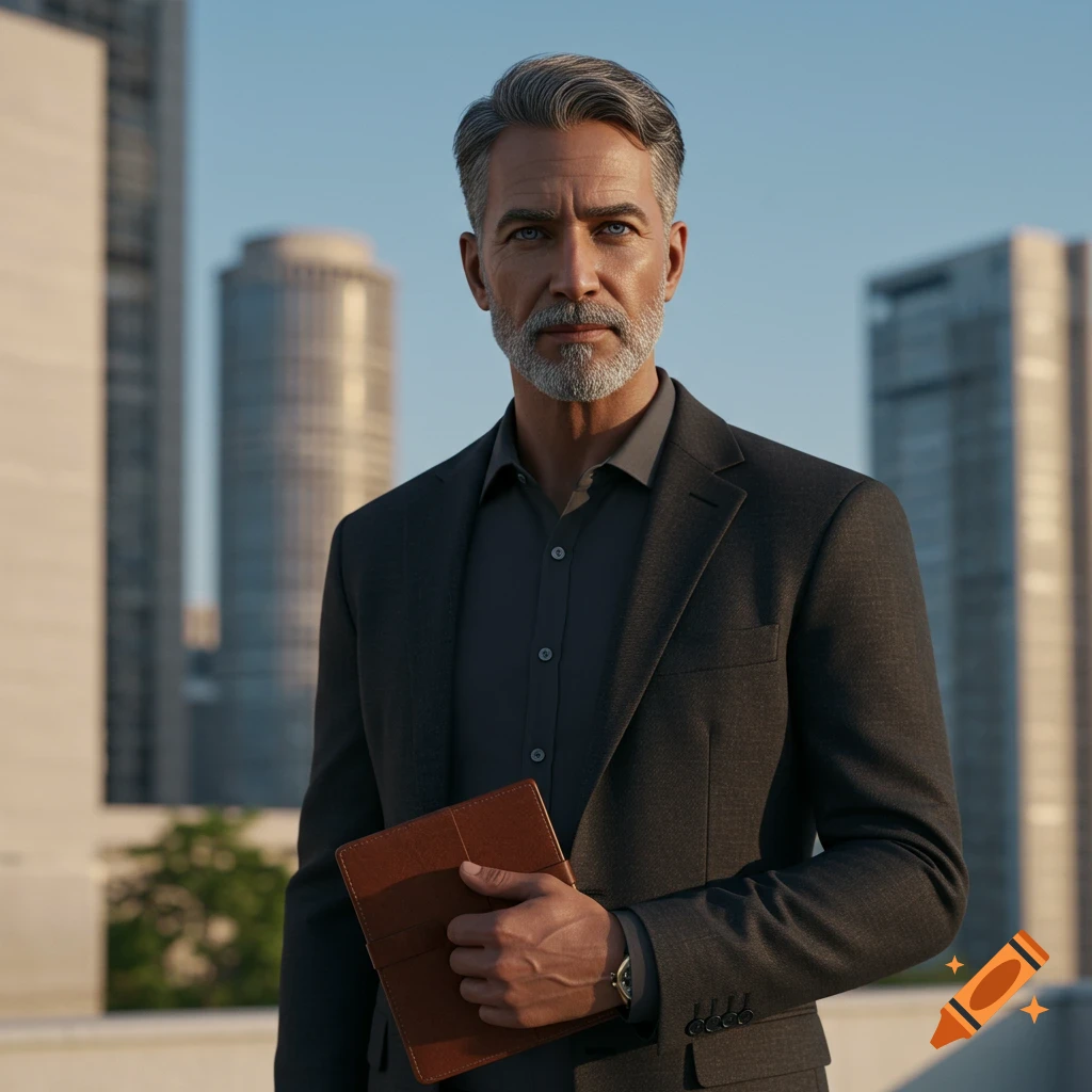A distinguished man with gray hair and beard in a dark suit holds a brown tablet, standing against a city skyline under a clear sky.