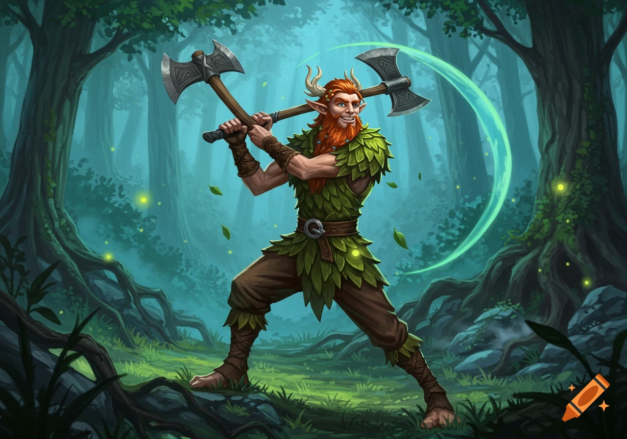 A smiling, red-haired firbolg in leaf armor dynamically swings two axes in a mystical forest.