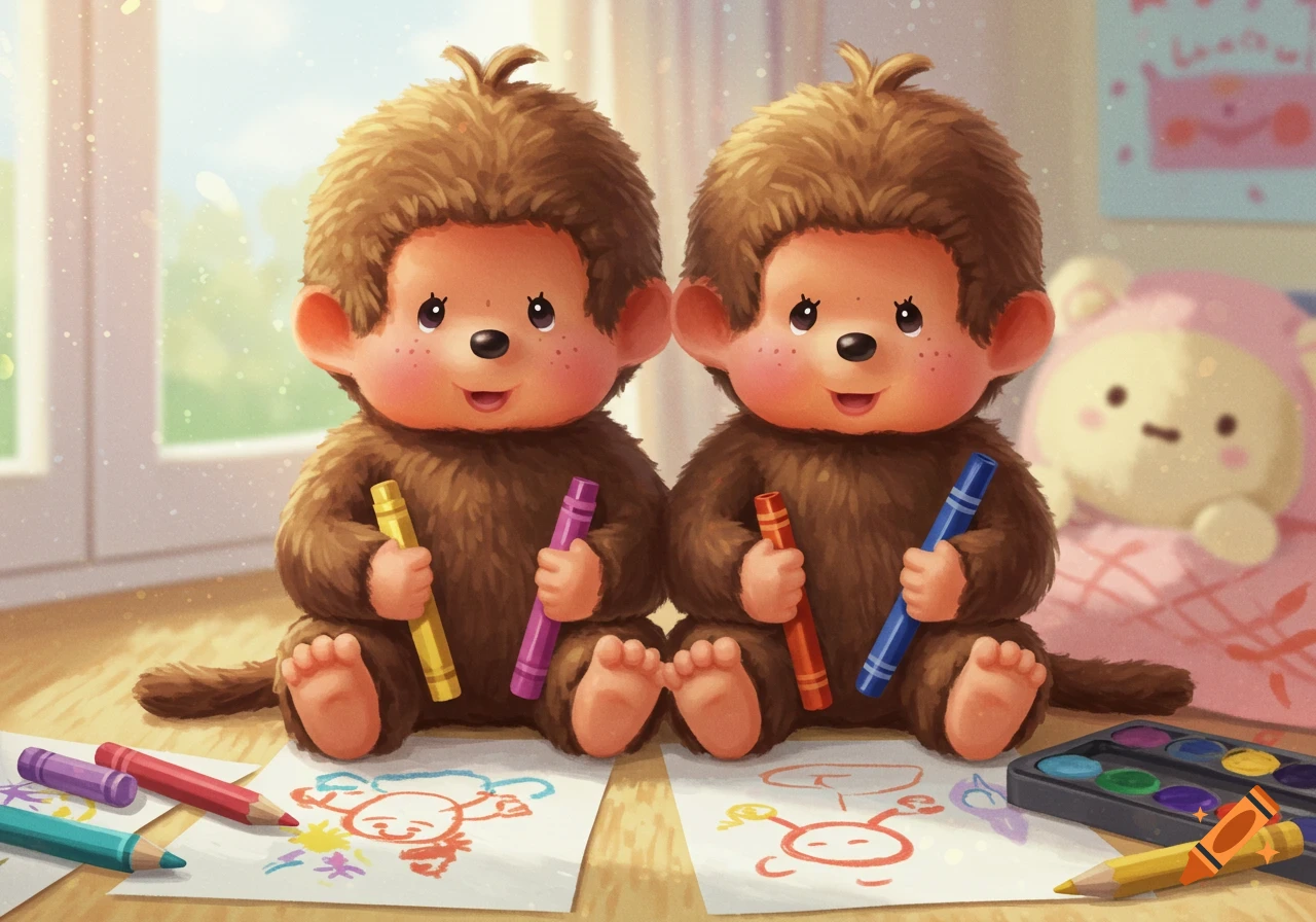 Two cute Monchhichi twins sit on a wooden floor, holding crayons and drawing on paper, with art supplies around them in a bright room.