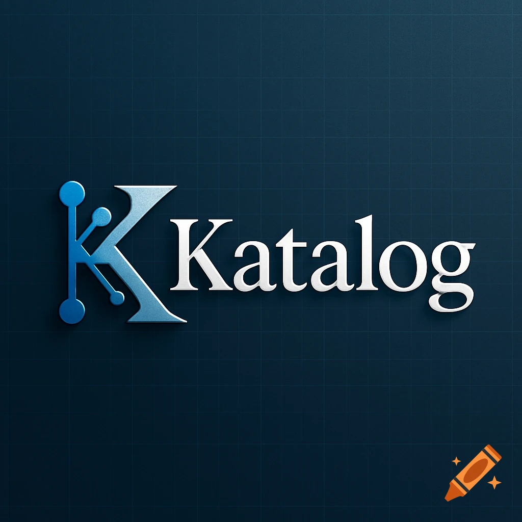 Modern logo with a stylized blue 'K' and white 'Katalog' text on a dark blue grid background.