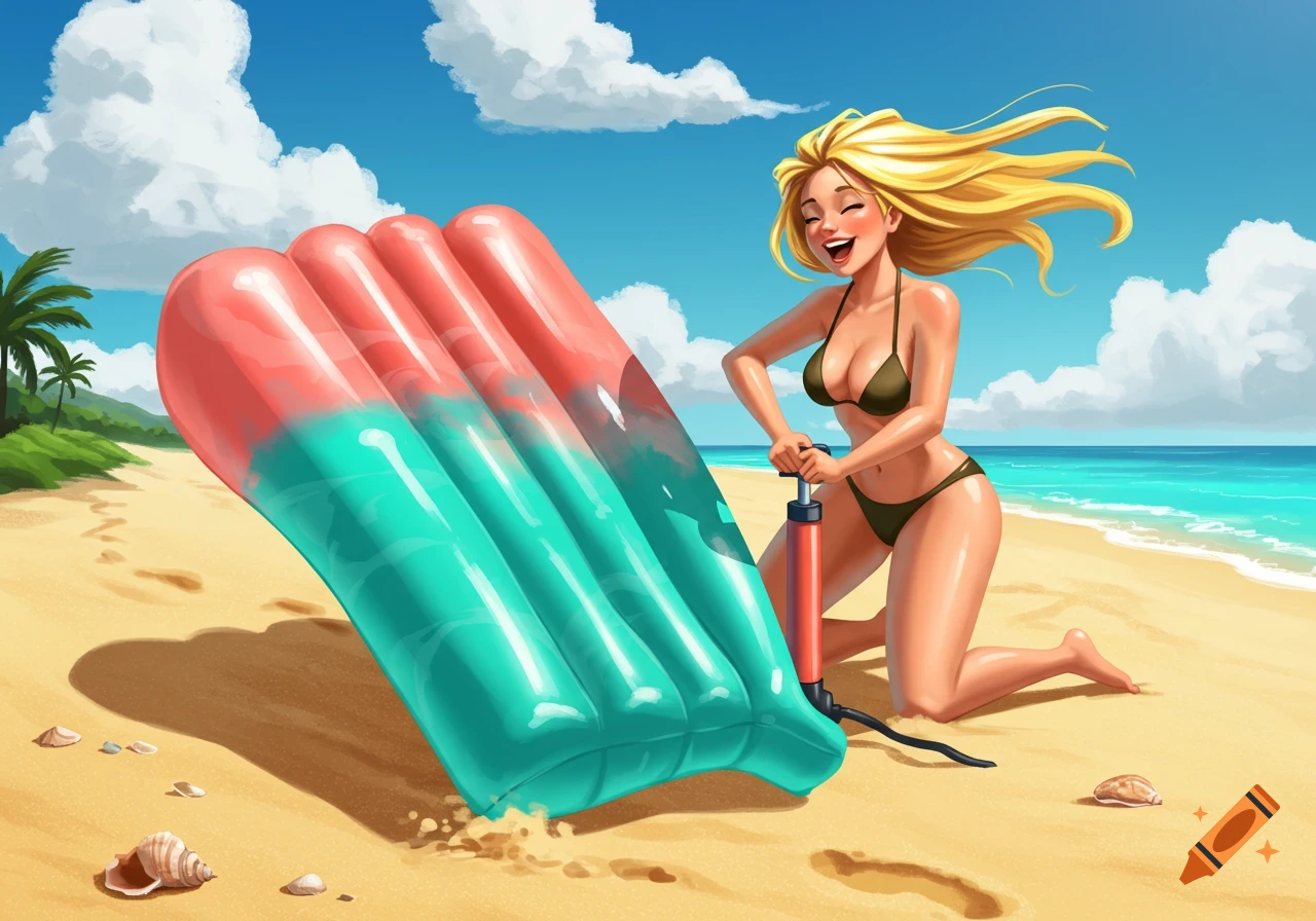 Cartoon woman in a bikini inflating a large red and blue pool float on a sunny beach.