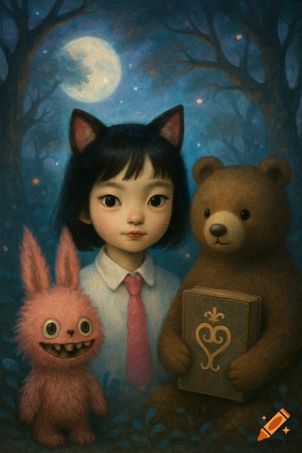 A young girl with black hair and cat ears, a pink rabbit with pointy teeth, and a teddy bear holding a book stand in a moonlit forest.