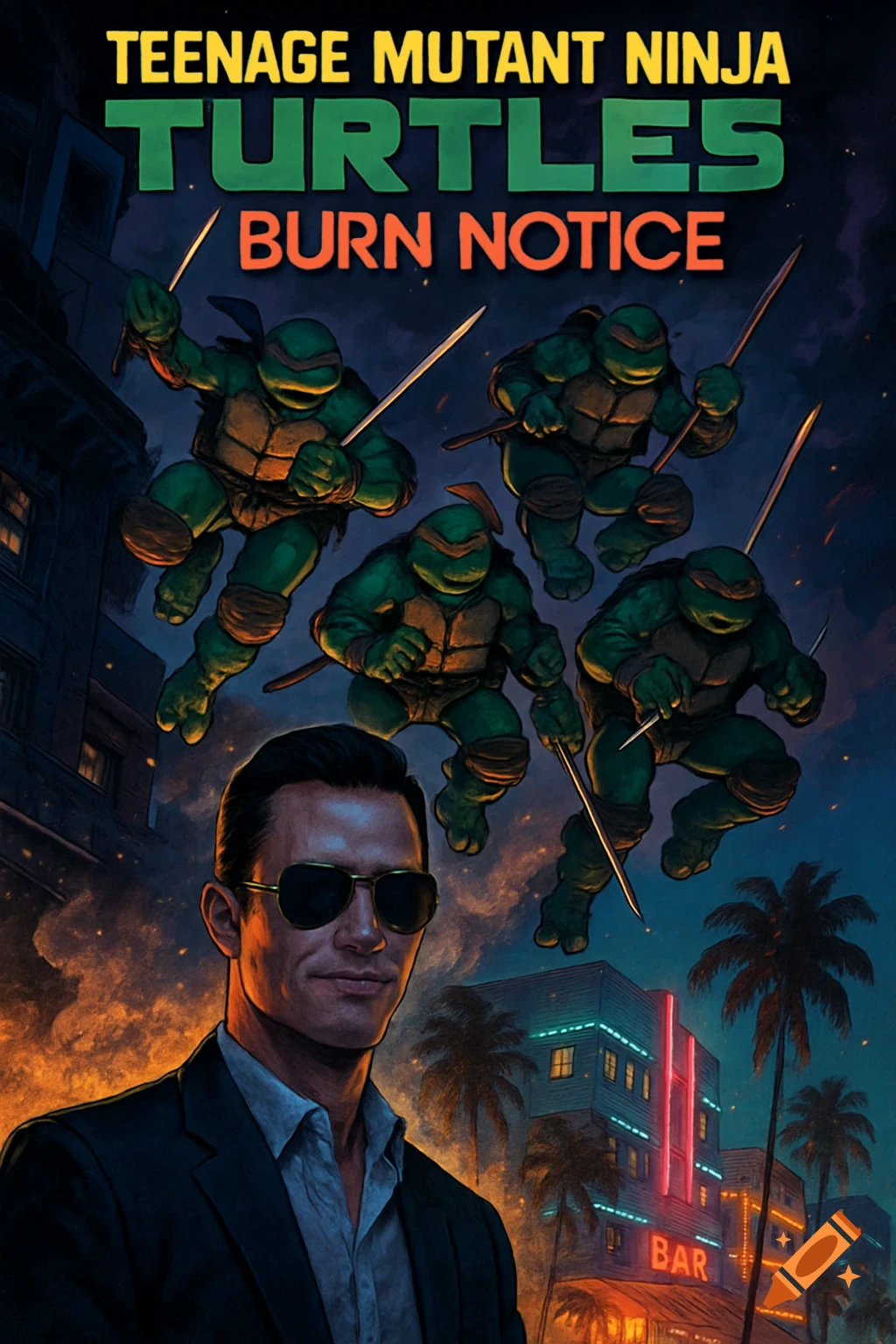 A comic cover featuring four Teenage Mutant Ninja Turtles leaping over a man in sunglasses, with a neon-lit city and fiery explosions in the background.