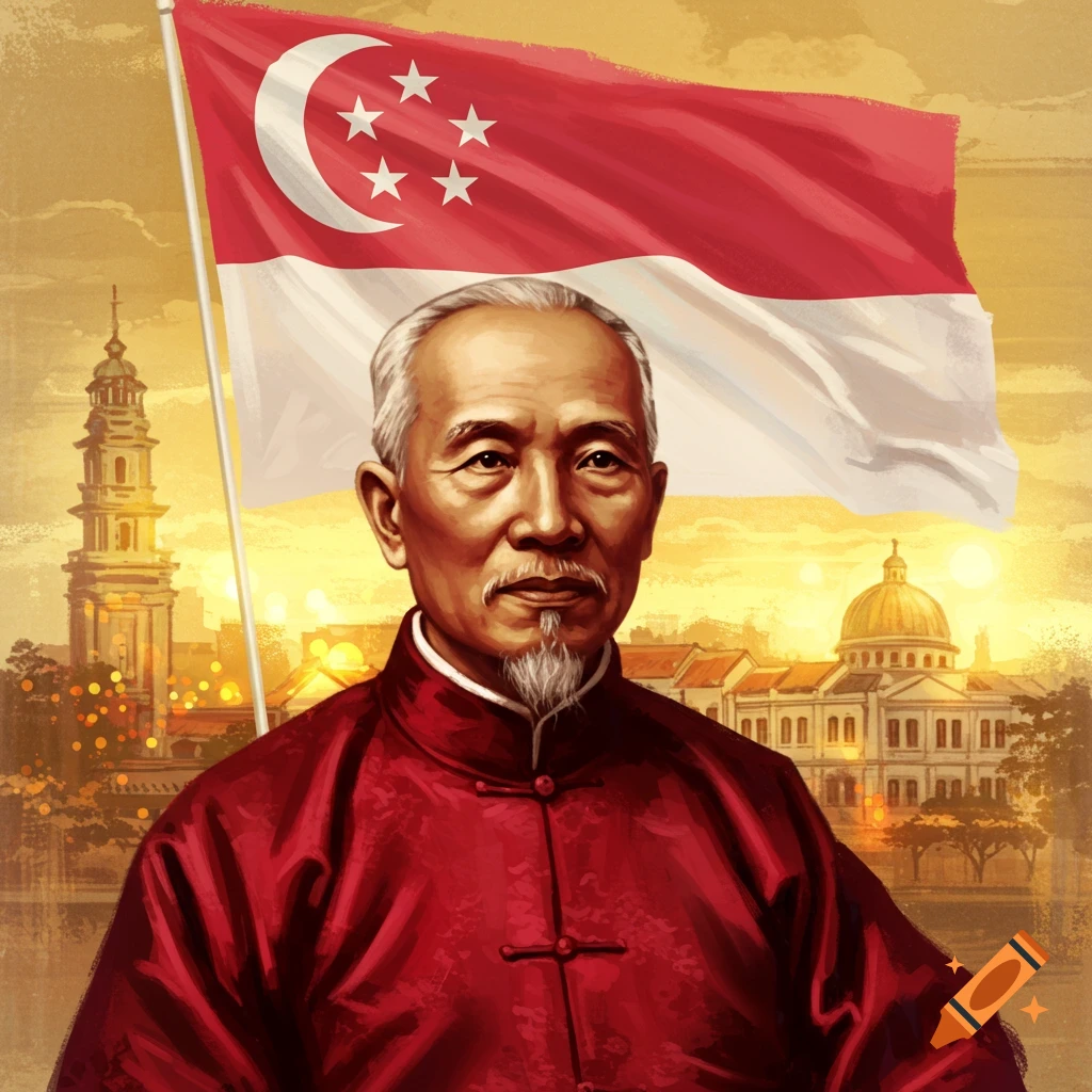 Illustration of an elderly Asian man in red traditional attire, with the Singapore flag and city skyline at sunset in the background.
