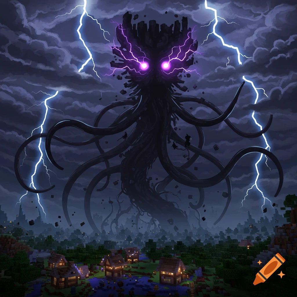 A colossal Wither Storm monster with purple eyes and tentacles looms over a Minecraft village during a lightning storm.